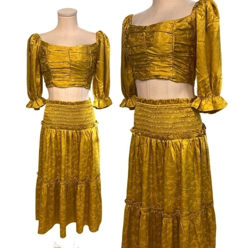 Ina Gold Satin Finish Crop Top and Tiered Skirt Set